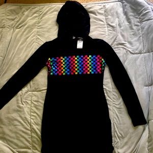 Black and rainbow RUE21 long sleeve hooded dress